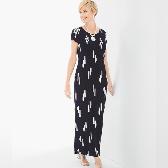 Travelers by Chico's Classic Vertical Geo Black & White Printed Dress. Maxi - Picture 1 of 7
